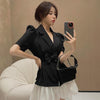 Summer Blazer Women Two Piece Set Casual Solid Color Short Sleeve Small Suit Jacket And High Waist Mini Skirt Suits With Belt