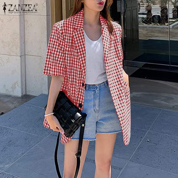 Summer Blazers ZANZEA Women Plaid Checked Blazer Suits Casual Lapel Neck Short Sleeve Outwear Buttons Loose Thin Jackets