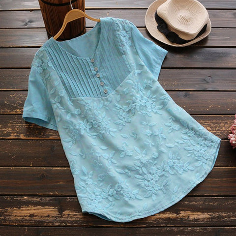 Summer Blouse Plus Size Women Embroidery Blusas 2022 Casual Patchwork Linen Shirt Work Tos Tunic Blusa Feminina Oversized