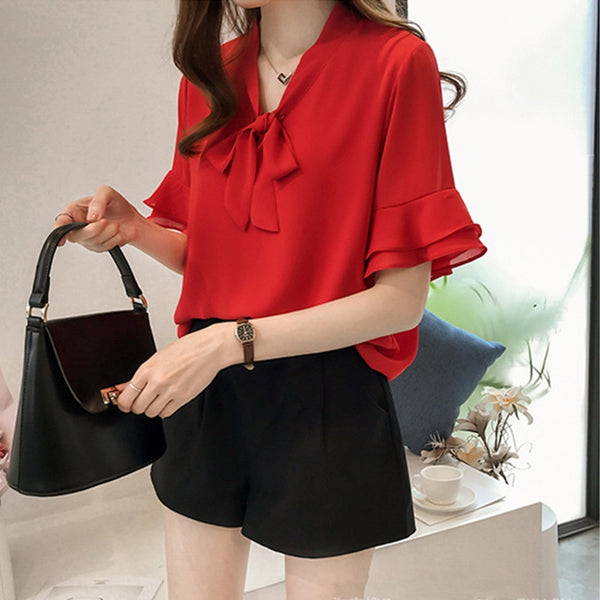 Summer Blouse Women Chiffon Shirt Office Work Tops Short Sleeve Shirts Korean Bow Neck Ruffle White Apricot Red Blouses Blusas