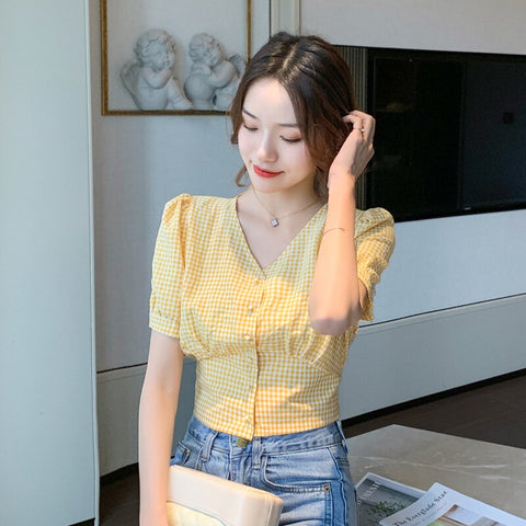 Summer Blouse Women Vintage V Neck Back Bow Bandage Plaid Elegant Button Up Shirt Ladies Crop Tops 2023 Korean Yellow Green Blue