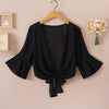 Summer Blouses For Women 2023 Woman V Neck Tie Waist Blouse Shirt Chiffon Black Ruffle Sleeve Top Lace Beach Blouse Cover Up