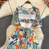 Summer Bohemian Floral Printed Lace Patchwork Dress Women Vacation Beach Vestidos Female Short Sleeve Midi Robe 2023 Fashion