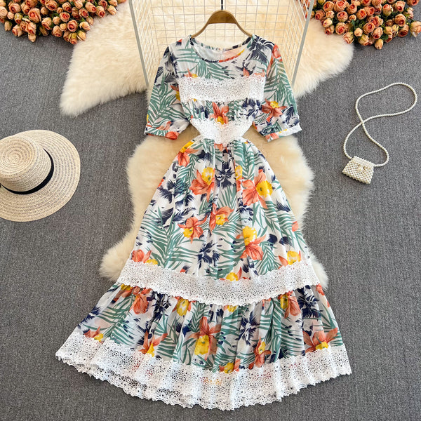 Summer Bohemian Floral Printed Lace Patchwork Dress Women Vacation Beach Vestidos Female Short Sleeve Midi Robe 2023 Fashion