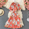 Summer Bohemian Floral Printed Midi Dress Women O-Neck Short Flare Sleeve Off Shoulder Elegant Beach Vestidos Female 2023 New
