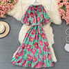 Summer Bohemian Floral Printed Midi Dress Women O-Neck Short Flare Sleeve Off Shoulder Elegant Beach Vestidos Female 2023 New