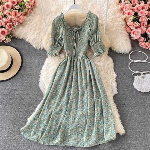 Summer Bohemian Midi Dress Women Pleated Vestidos Female Floral Print Chic Sweet Ruffle Robe 2022   Dresses