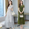 Summer Boho Beach Maxi Dress Floral Chiffon Short Sleeve High Waist Loose Dresses 2022 Woman Elegant Green Print Party Vestidos