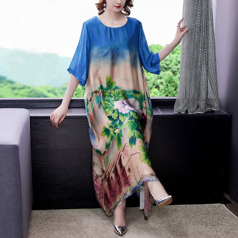 Summer Boho Casual Floral Mulberry Silk Maxi Dresses 2022 Women Vintage 4XL Plus Size Chiffon Midi Dress Elegant Party Vestidos