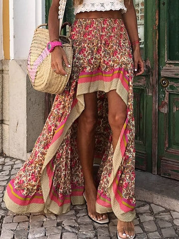 Summer Boho Floral Print Skirt Women Elastic Waist Ruffle Hem Dress Irregular Long Skirt Female Holiday Beach Sundress