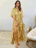 Summer Boho Long Dress Women V Neck Print Floral Dress Casual Holiday Beach Sundress Short Sleeve Split Woman Dress