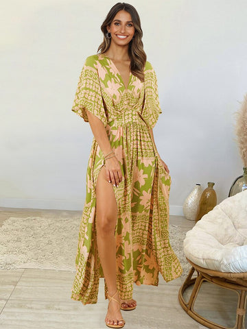 Summer Boho Long Dress Women V Neck Print Floral Dress Casual Holiday Beach Sundress Short Sleeve Split Woman Dress