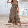 Summer Boho V Neck Midi Dress Women Floral Print Long Dress Ruffle Sleeve Casual Lace Up Dress Female Loose Beach Sundress