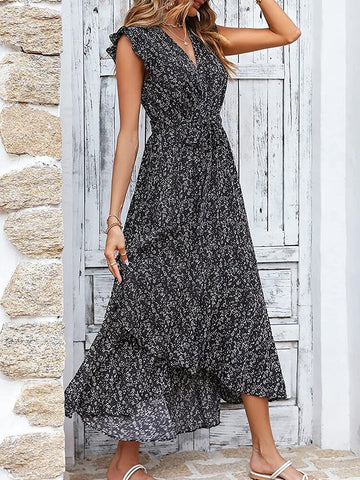 Summer Boho V Neck Midi Dress Women Floral Print Long Dress Ruffle Sleeve Casual Lace Up Dress Female Loose Beach Sundress