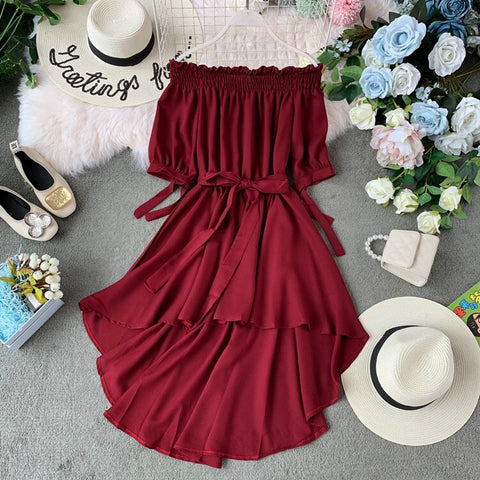Summer Casual Chiffon Off Shoulder Bandage Dress Women 2022 Sexy Asymmetrical Ruffle Dresses Vestidos De Festa 22291