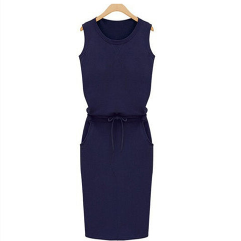 Summer Casual Dress Women Sleeveless Cotton Slim Pencil Dresses 2022 Sexy Work Office Dress Slim Fit Robe Mujer Pockets J2218