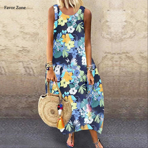 Summer Casual Loose Sleevelss Bohemian Tank Long Dresses For Women Vintage Floral Print Sexy Beach Dress 2022 Elegant Robe Femme