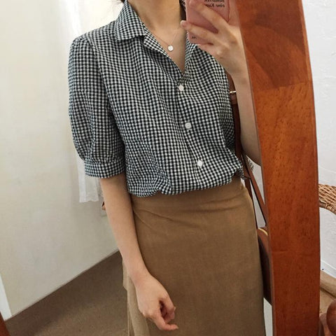 Summer Casual Plaid Short Sleeved Turn-down Collar Jacket Korean Ulzzang Chic Must Have Regular Girl Female Vintage Tops Shirt