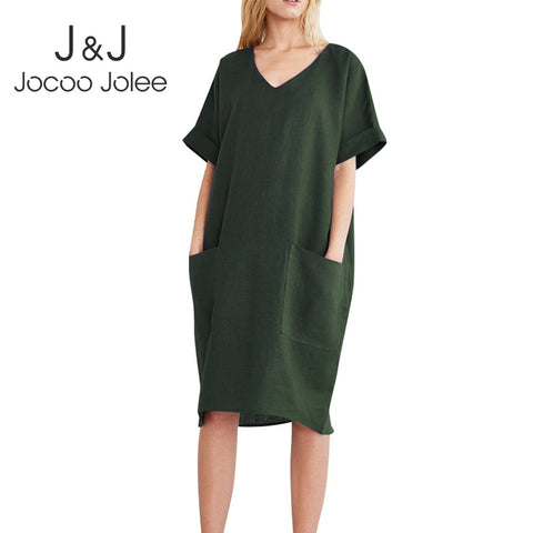 Summer Casual Short Sleeve V Neck Pockets Short Dress Vintage Cotton and Linen Loose Mini Dress Oversized vestidos