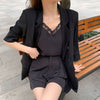 Summer Casual Solid Office Lady Three Pieces Loose Double Breasted High Blazer Suits Female Elegant High Waist Short Pant Set