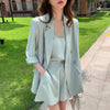Summer Casual Solid Office Lady Three Pieces Loose Double Breasted High Blazer Suits Female Elegant High Waist Short Pant Set