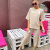 Summer Casual Women Set Women Tracksuits Two Piece Set  Solid Short Sleeve Long Pants Suit Loose Outfit Femme