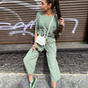 Summer Casual Women Set Women Tracksuits Two Piece Set  Solid Short Sleeve Long Pants Suit Loose Outfit Femme