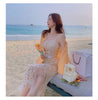Summer Chiffon Beach Dress Woman Romantic Print Flower Beading Sequins Patchwork Mesh Fairy Dresses Robe Plage Vestido Festa