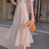 Summer Chiffon Beach Dress Woman Romantic Print Flower Beading Sequins Patchwork Mesh Fairy Dresses Robe Plage Vestido Festa
