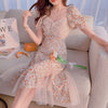 Summer Chiffon Beach Dress Woman Romantic Print Flower Beading Sequins Patchwork Mesh Fairy Dresses Robe Plage Vestido Festa