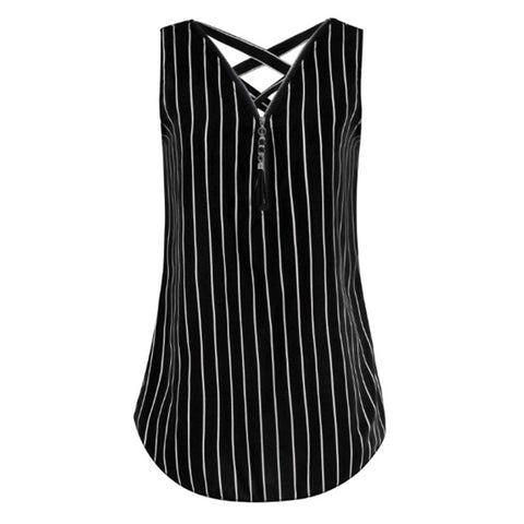 Summer Chiffon Blouse Shirts 2022 women sexy sleeveless stripe Zipper V Neck Top Women Casual Loose Tank Top plus size WS9220E