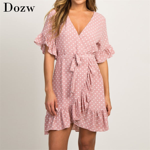 Summer Chiffon Dress 2023 Boho Style Beach Dress Short Sleeve V-neck Polka Dot A-line Party Dress Sundress Vestidos