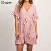 Summer Chiffon Dress 2023 Boho Style Beach Dress Short Sleeve V-neck Polka Dot A-line Party Dress Sundress Vestidos