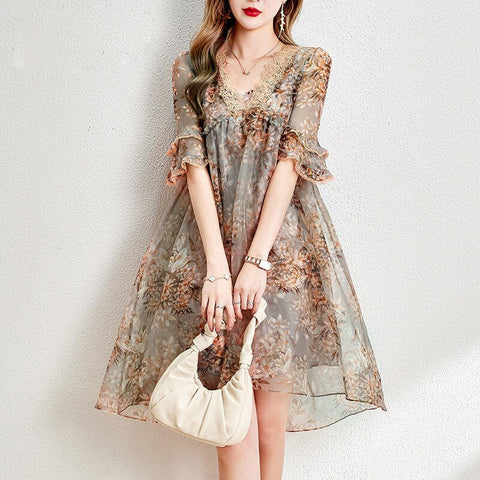 Summer Chiffon Dress Women Floral Print Boho Beach Dresses Casual Ruffle Short Sleeve A-line Mini Party Dress Vestidos X235