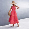 Summer Cross Halter Long Dress Women Backless Print Floral Maxi Dress Sleeveless High Waist Dress Female Patchwork Dress