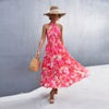 Summer Cross Halter Long Dress Women Backless Print Floral Maxi Dress Sleeveless High Waist Dress Female Patchwork Dress