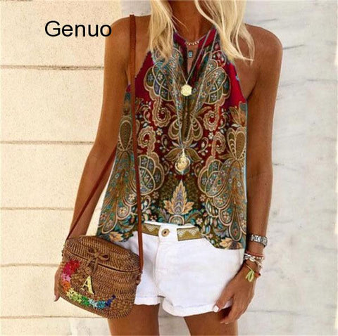 Summer Daisy Print Blouses Shirt Women Spring Backless Sleeveless Boho Blouse Plus Size Sexy V Neck Beach Strappy Tops Blusa