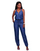 Summer Denim Jumpsuit for Women Sleeveless Zipper Front Pockets Long Pants Romper Ladies Elegant One Piece Blue Jeans Jumpsuits