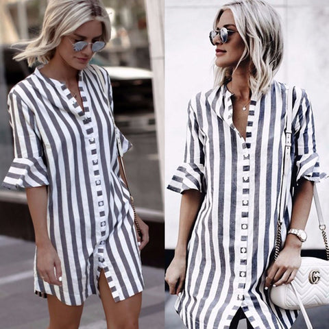 Summer Dress 2022 Women Flare Half-sleeved Loose Button Shirt Mini Dress Fashion Casual Striped Dress Womens Clothing Vestidos