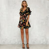 Summer Dress 2022 Women Sexy Deep V-Neck Black Flower Print Dresses Hem Folds Bohemian Style Belt Mini Ruffle Beach Dress
