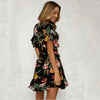 Summer Dress 2022 Women Sexy Deep V-Neck Black Flower Print Dresses Hem Folds Bohemian Style Belt Mini Ruffle Beach Dress