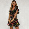 Summer Dress 2022 Women Sexy Deep V-Neck Black Flower Print Dresses Hem Folds Bohemian Style Belt Mini Ruffle Beach Dress