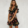 Summer Dress 2022 Women Sexy Deep V-Neck Black Flower Print Dresses Hem Folds Bohemian Style Belt Mini Ruffle Beach Dress