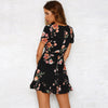 Summer Dress 2022 Women Sexy Deep V-Neck Black Flower Print Dresses Hem Folds Bohemian Style Belt Mini Ruffle Beach Dress