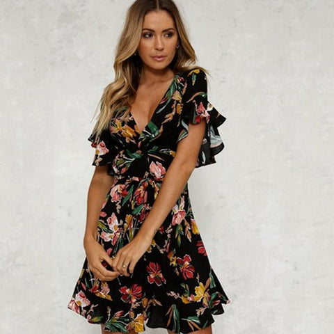 Summer Dress 2022 Women Sexy Deep V-Neck Black Flower Print Dresses Hem Folds Bohemian Style Belt Mini Ruffle Beach Dress