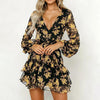 Summer Dress Women Floral Leaf Printed Lantern Sleeve Empire Dresses Ladies Beach Casual Mini Dress Vestidos