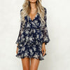 Summer Dress Women Floral Leaf Printed Lantern Sleeve Empire Dresses Ladies Beach Casual Mini Dress Vestidos