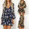 Summer Dress Women Floral Leaf Printed Lantern Sleeve Empire Dresses Ladies Beach Casual Mini Dress Vestidos