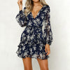 Summer Dress Women Floral Leaf Printed Lantern Sleeve Empire Dresses Ladies Beach Casual Mini Dress Vestidos