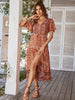 Summer Dress Women Sexy V Neck Floral Print Boho Beach Dress Casual Loose Lace Up Split Mid Calf Party Dresses For Women 2023
